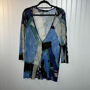 ZOZO Geometric Cardigan Women’s Large Blue Tan Long Sleeve sheer V-Neck Button